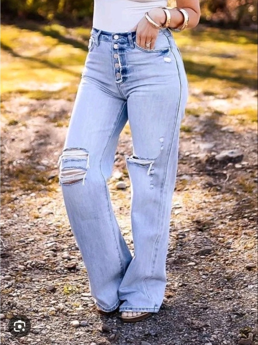 KanCan Light Blue High-Rise Distressed Wide-Leg Jeans